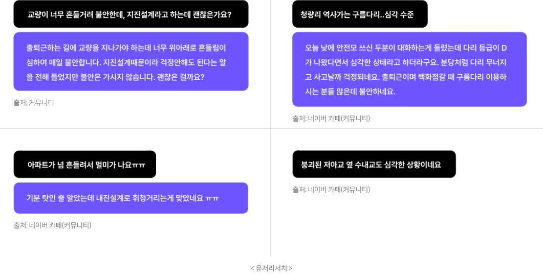 교량이 너무 흔들거려 불안한데, 지진설계라고 하는데 괜찮은가요?, 출퇴근하는 길에 교량을 지나가야하는데 너무 위아래로 흔들림이 심하여 매일 불안합니다. 지진설계때문이라 걱정안해도 된다는 말을 전해 들었지만 불안은 가시지 않습니다. 괜찮은 걸까요? 출처 : 커뮤니티 / 청량리 역사가는 구름다리..심각수준, 오늘 낮에 안전모 쓰신 두분이 대화하는게 들렸는데 다리 등급이 D가 나왔다면서 심각한 상태라고 하더라구요. 분당처럼 다리 무너지고 사고날까 걱정되네요. 출퇴근이며 백화점갈 때 구름다리 이용하시는 분들 많은데 물안하네요. 출처 : 네이버카페(커뮤니티) / 아파트가 넘 흔들려서 멀미가 나요ㅠㅠ, 기분 탓인 줄 알았는데 내진설계로 휘청거리는게 맞았네요ㅠㅠ 출처 : 네이버 카페(커뮤니티) / 봉괴던 저아교 옆 수내교도 심각한 상황이네요. 출처 : 네이버 카페(커뮤니티) / <유저리서치>