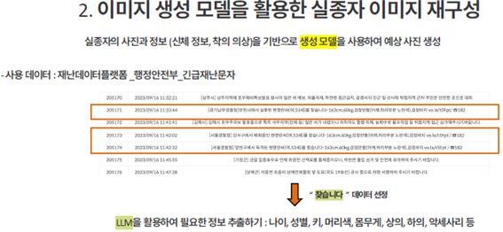 2.이미지 생성 모델을 활용한 실종자 이미지 재구성
						실종자의 사진과 정보(신체 정보,착의 의상)을 기반으로 생성 모델을 사용하여 예상 사진 생성
						- 사용데이터 :재난데이터플랫폼_행정안전부_긴급재난문자
						[서울경찰청]양천구에서 목격된 한명란씨 (여,53세)를 찾습니다 163cm/60kg 검정반팔(어깨부분 노란색),검정바지
						-> '찾습니다' 데이터 선정 -> LLM을 활용하여 필요한 정보 추출하기 : 나이,성별,키,머리색,몸무게,상의,하의,악세서리 등 
