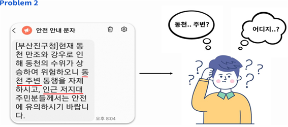 안전안내문자 [부산진구청] 현재 동천 마조와 강우로 인해 동천의 수위가 상승하여 위험하오니 동천 주변 통행을 자제하시고,인근 저지대 주민들께서는 안전에 유의하시기 바랍니다.
							-> 동천..주변? 어디지...?