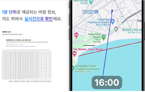 1분단위로 제공되는 바람 정보, 지도위에서 실시간으로 확인해요
							국립해양조사원_조위관측서_실측_풍향_풍속